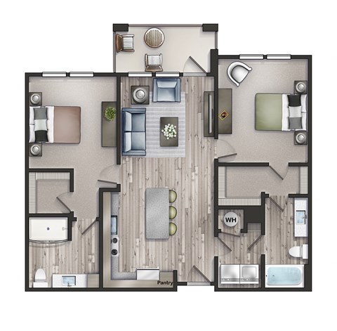 Floor plan for 2 beds, 2 baths, 1053 sqft